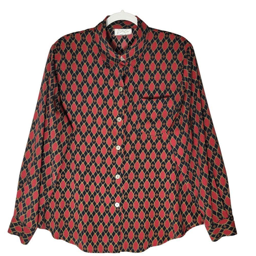 Vintage‎ Cathy Che Blouse 1X Button Front Shoulder Pads Long Sleeve Red Blue Geo